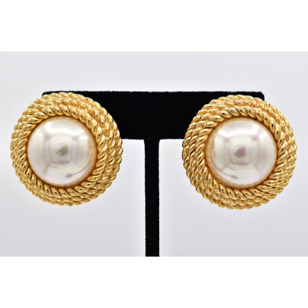 Sphinx Vintage Pearl Gold Rope Clip On Earrings Round Statement Chunky 80s BinAF